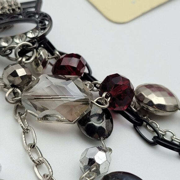 BOCAR Multi Chain Glass Bead Statement Necklace 26" Silver Tone & Red  Layered - Picture 3 of 11